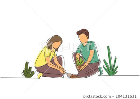 Single one line drawing young man woman are planting tree. Gardening, garden tools, spring, stalk. Couple plants seedling. Girl helps man plant young tree. Continuous line draw design graphic vector 104131631