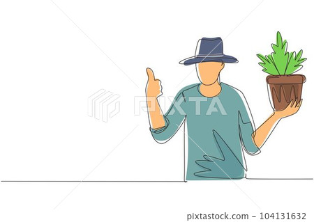 Single one line drawing gardener grows flowerpot. Season for planting. Work in garden. Man in work gloves with thumbs gesture. Farmers doing job, agricultural hobby. Continuous line draw design vector 104131632