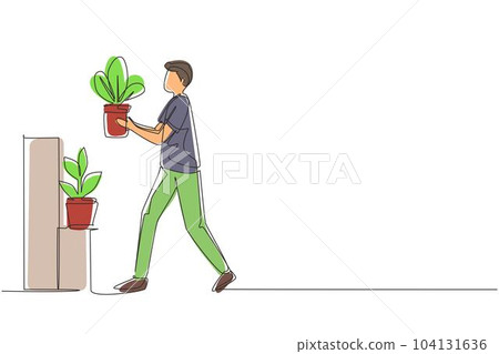 Continuous one line drawing home gardening. Male take care to houseplant. Man carefully puts flower in pot on rack. Hobby growing exotic plants. Stand with rare sprouts. Single line draw design vector Continuous one line drawing home gardening. Male take care to houseplant. Man carefully puts flower in pot on rack. Hobby growing exotic plants. Stand with rare sprouts. Single line draw design vector 104131636