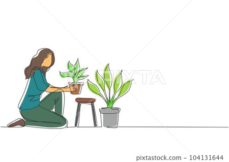Single continuous line drawing young woman worker kneeling, potted plants. Houseplants in pots in greenhouse, botanical garden, flowers growing, plant nursery. One line draw design vector illustration Single continuous line drawing young woman worker kneeling, potted plants. Houseplants in pots in greenhouse, botanical garden, flowers growing, plant nursery. One line draw design vector illustration 104131644