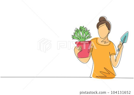 Single continuous line drawing young woman gardener. Beautiful lady farmer holding little shovel and plant in pot. Gardener takes care of home garden. One line draw graphic design vector illustration Single continuous line drawing young woman gardener. Beautiful lady farmer holding little shovel and plant in pot. Gardener takes care of home garden. One line draw graphic design vector illustration 104131652
