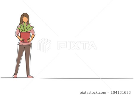 Single one line drawing cute girl standing and holding houseplants in pots. Female taking care of houseplants. Potted plants in house. Modern continuous line draw design graphic vector illustration Single one line drawing cute girl standing and holding houseplants in pots. Female taking care of houseplants. Potted plants in house. Modern continuous line draw design graphic vector illustration 104131653