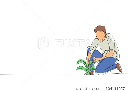 Continuous one line drawing young man plants, protects tree seedling or plant. Startup new beginning concept. Agricultural worker with organic natural crop. Single line draw design vector illustration 104131657