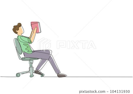 Single continuous line drawing boy reads book in chair. Side view of exiting process of learning by young male. Style of boy spending spare time by reading literature. One line draw design vector Single continuous line drawing boy reads book in chair. Side view of exiting process of learning by young male. Style of boy spending spare time by reading literature. One line draw design vector 104131930