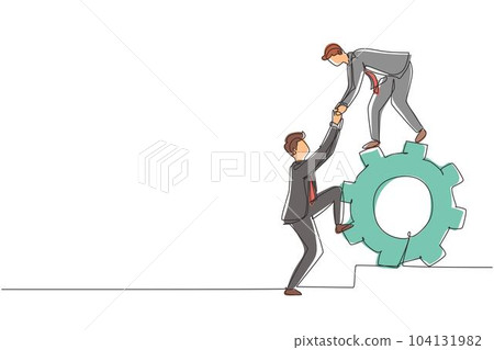 Single one line drawing two businessmen helping each other on top of cog. Teamwork people help each other trust assistance. Goal concept. Modern continuous line draw design graphic vector illustration 104131982