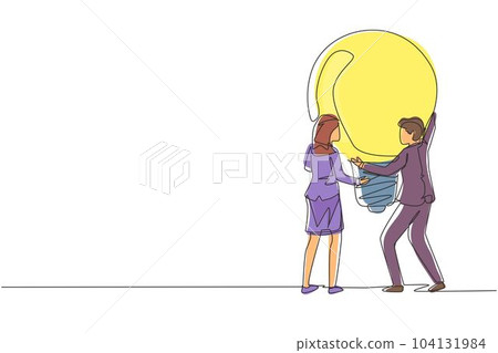 Single one line drawing two people hold big idea bulb. Creativity, brainstorming, teamwork. Man woman holding light bulb up, symbol of finding solution. Continuous line draw design vector illustration 104131984