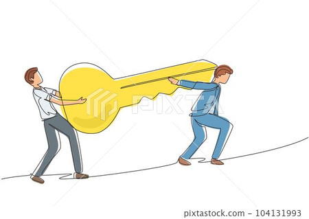 Single one line drawing teamwork, coworking, cooperation, partnership, business concept. Team of businessmen partners coworkers managers holding big key together. Continuous line draw design vector 104131993