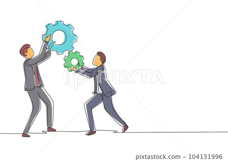 Single one line drawing team of business tech people hold up technology gear collaboration solution. Businessmen lifting two cogs wheel work together. Continuous line draw design vector illustration Single one line drawing team of business tech people hold up technology gear collaboration solution. Businessmen lifting two cogs wheel work together. Continuous line draw design vector illustration 104131996