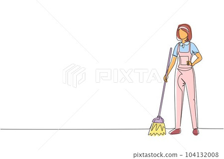 Single continuous line drawing smiling young woman janitor standing in uniform, sweeping the floor with broom, professional cleaning, home and office service. One line draw design vector illustration Single continuous line drawing smiling young woman janitor standing in uniform, sweeping the floor with broom, professional cleaning, home and office service. One line draw design vector illustration 104132008