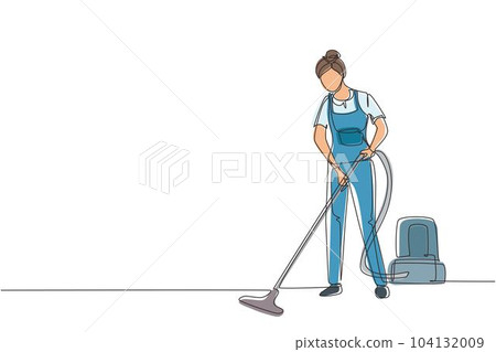 Single one line drawing female professional busy janitor vacuum cleaning indoor, floor office cleaning, young, happy, wearing uniform, protective glove. Continuous line draw design vector illustration Single one line drawing female professional busy janitor vacuum cleaning indoor, floor office cleaning, young, happy, wearing uniform, protective glove. Continuous line draw design vector illustration 104132009