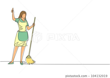 Single one line drawing smiling female cleaning company staff member holding broom and showing thumbs up gesture. Happy cleaning. Cleaning company. Continuous line draw design vector illustration Single one line drawing smiling female cleaning company staff member holding broom and showing thumbs up gesture. Happy cleaning. Cleaning company. Continuous line draw design vector illustration 104132019