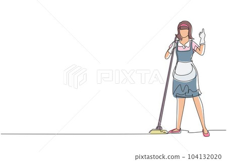 Single one line drawing floor care and cleaning services with washing mop in sterile factory or clean hospital. Cleaning woman service. Professional cleaning staff. Continuous line draw design vector Single one line drawing floor care and cleaning services with washing mop in sterile factory or clean hospital. Cleaning woman service. Professional cleaning staff. Continuous line draw design vector 104132020
