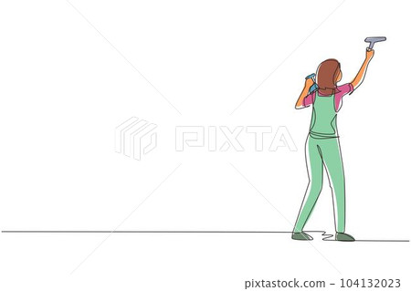 Single continuous line drawing woman janitors cleaners cleaning windows with cleaning tools. Professional employee of cleaning company working process. Dynamic one line draw design vector illustration 104132023