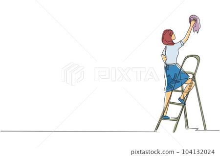 Continuous one line drawing window washer is cleaning window using squeegee. Housekeeping service. Woman cleaner standing on ladder and washing with sponge. Single line draw design vector illustration Continuous one line drawing window washer is cleaning window using squeegee. Housekeeping service. Woman cleaner standing on ladder and washing with sponge. Single line draw design vector illustration 104132024