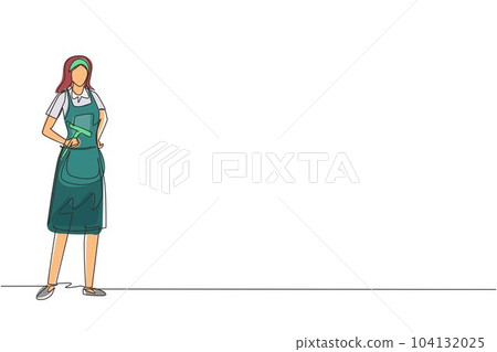 Single one line drawing cleaning service with cool pose. Cleaning worker posing and enjoying working. Smiling female cleaning company staff member. Continuous line draw design vector illustration 104132025