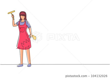 Continuous one line drawing smiling cleaning staff member is wiping the window with brush and spray. Concept of woman cleaning windows from dust in different premises. Single line draw design vector 104132026