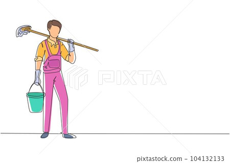 Single continuous line drawing man mopping floor, male cleaner janitor in uniform and bucket, cleaning service concept. Housework service or housekeeping workers, janitor. One line draw design vector 104132133