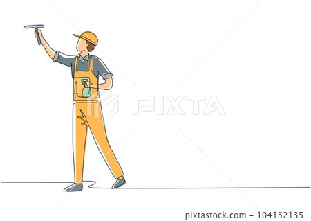 Continuous one line drawing male professional busy janitor wiping indoors, office cleaning, window, floor washing, young, happy, wearing overall, cap, protective gloves. Single line draw design vector Continuous one line drawing male professional busy janitor wiping indoors, office cleaning, window, floor washing, young, happy, wearing overall, cap, protective gloves. Single line draw design vector 104132135