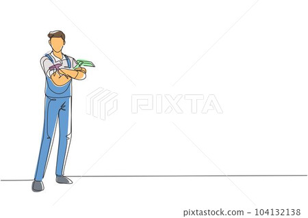 Continuous one line drawing cleaning worker posing and holding cleaning tool. Cleaning service with cool pose. Concept of people enjoying working in cleaning services. Single line draw design vector Continuous one line drawing cleaning worker posing and holding cleaning tool. Cleaning service with cool pose. Concept of people enjoying working in cleaning services. Single line draw design vector 104132138