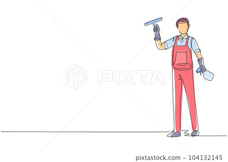 Single one line drawing smiling cleaning staff member is wiping the window with brush and spray. Concept of man cleaning windows from dust in different premises. Continuous line draw design vector 104132145