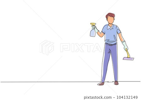 Single one line drawing man cleaning and tidying home, male wiping window glass with detergents and special supplies. Cleanup and housekeeping of apartment or house. Continuous line draw design vector 104132149