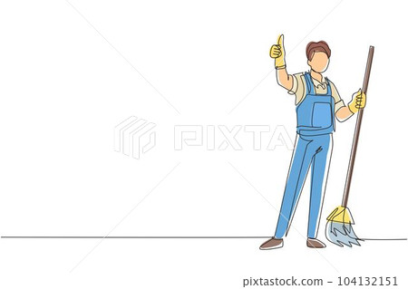 Single continuous line drawing smiling male cleaning company staff member holding broom and showing thumbs up gesture. Happy cleaning. Cleaning company logo. One line draw design vector illustration Single continuous line drawing smiling male cleaning company staff member holding broom and showing thumbs up gesture. Happy cleaning. Cleaning company logo. One line draw design vector illustration 104132151