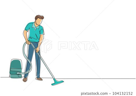 Single one line drawing male professional busy janitor vacuum cleaning indoors, floor office cleaning, young, happy, wearing uniform, protective gloves. Continuous line draw design vector illustration Single one line drawing male professional busy janitor vacuum cleaning indoors, floor office cleaning, young, happy, wearing uniform, protective gloves. Continuous line draw design vector illustration 104132152