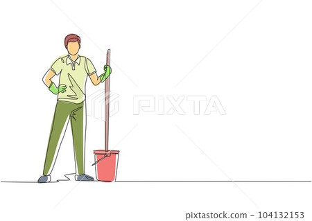 Single continuous line drawing young man with buckets and mops. Cleaning service. Male dressed in uniform with cleaning equipment. Professional cleaning staff. One line draw design vector illustration Single continuous line drawing young man with buckets and mops. Cleaning service. Male dressed in uniform with cleaning equipment. Professional cleaning staff. One line draw design vector illustration 104132153