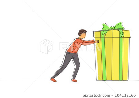 Single continuous line drawing young man pushes in front of him huge gift . Giving gifts for holiday concept. Wrapped birthday gift box with bow. Present, gift, birthday. One line draw design vector 104132160