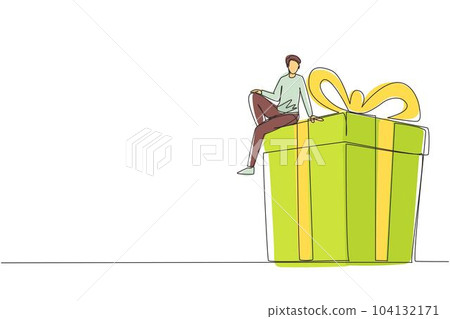 Single one line drawing businessman sitting on big gift box. Big present concept. Man sitting on big box with present. Happy person gets a huge gift. Continuous line draw design vector illustration Single one line drawing businessman sitting on big gift box. Big present concept. Man sitting on big box with present. Happy person gets a huge gift. Continuous line draw design vector illustration 104132171