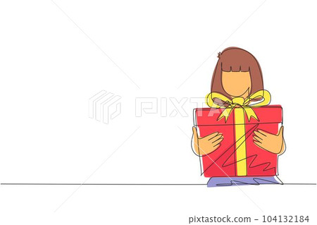 Single one line drawing cute girl holding big ribbon bow wrapped gift box in front of her in arms. Little girl carries holiday gift with big red bow in her hands. Continuous line draw design vector 104132184