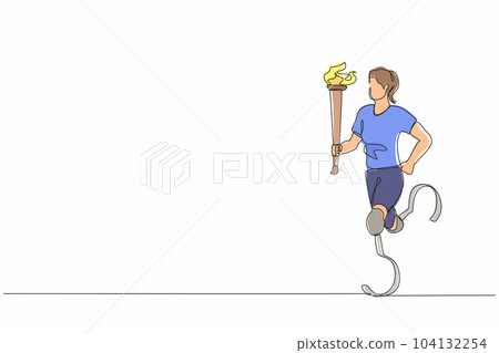 Continuous one line drawing faceless disabled female or sportswoman holding flaming torch in running pose. Disabled sport, success, disability games, championship. Single line graphic design vector Continuous one line drawing faceless disabled female or sportswoman holding flaming torch in running pose. Disabled sport, success, disability games, championship. Single line graphic design vector 104132254