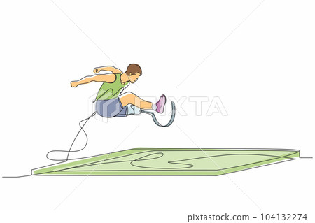 Single one line drawing male athlete amputee on prosthetic leg long jump competition at athletics. Long jump disability games. Disabled sport. Continuous line draw design graphic vector illustration Single one line drawing male athlete amputee on prosthetic leg long jump competition at athletics. Long jump disability games. Disabled sport. Continuous line draw design graphic vector illustration 104132274