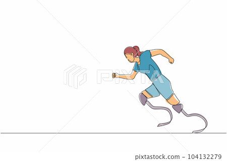 Continuous one line drawing disabled athlete runs on prostheses. Female disability runs. Disabled sportswoman with amputated foot. Disabled sport, championship, game. Single line graphic design vector 104132279