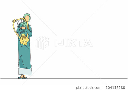 Continuous one line drawing Arab female musician playing musical lyre. Classical music orchestra woman artist with music instrument. Professional musician performs on stage. Single line design vector Continuous one line drawing Arab female musician playing musical lyre. Classical music orchestra woman artist with music instrument. Professional musician performs on stage. Single line design vector 104132288