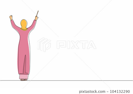 Single continuous line drawing back view Arab woman conductor performing on stage, female musician in tuxedo directing classic instrumental symphony orchestra. One line draw design vector illustration 104132290