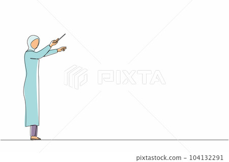 Single one line drawing Arabian woman music conductor. Female musician perform on stage directing symphony orchestra. Classical music performance, instrumental ensemble. Continuous line design vector 104132291