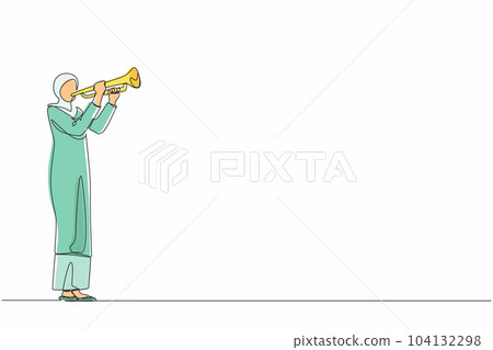 Single continuous line drawing Arab woman playing trumpet. Music instrumental. Jazz musician playing trumpet instrument. Trumpet player. Orchestra performer. Music performance. One line design vector 104132298