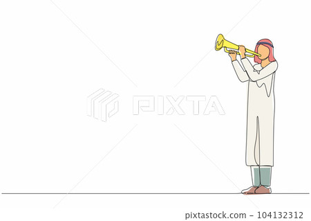 Continuous one line drawing Arabian man playing trumpet. Music instrumental. Jazz musician playing trumpet instrument. Trumpet player. Orchestra performer. Music performance. Single line design vector 104132312