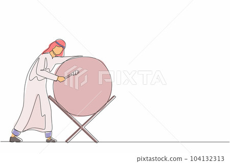 Single continuous line drawing Arab man hitting bedug or traditional drum for suhoor and iftar time Ramadan. Muslim person calling other people to pray to mosque. One line draw graphic design vector 104132313