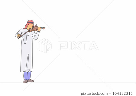 Single one line drawing Arabian man musician playing violin. Classical music performer with musical instrument. Male musician playing violin. Continuous line draw design graphic vector illustration 104132315