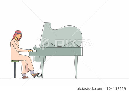 Single continuous line drawing Arab man plays piano. Male performer sits at musical instrument and plays jazz or blues. Professional musician. Person performs on stage. One line graphic design vector Single continuous line drawing Arab man plays piano. Male performer sits at musical instrument and plays jazz or blues. Professional musician. Person performs on stage. One line graphic design vector 104132319
