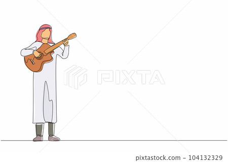Continuous one line drawing Arabian man playing acoustic guitar. Teenage boy musician playing strings at musical performance. Professional musician. Single line draw design vector graphic illustration 104132329