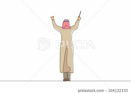 Continuous one line drawing back view of Arab man conductor performing on stage, male musician in tuxedo directing classic instrumental symphony orchestra. Single line draw design vector illustration 104132335