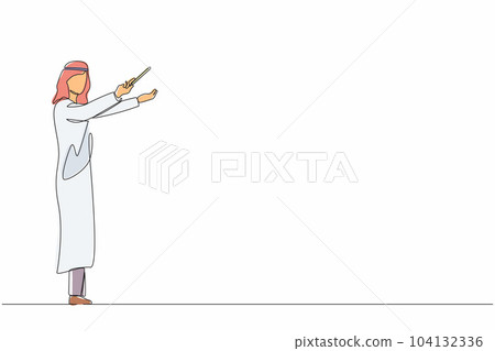 Single continuous line drawing Arab man music conductor. Male musician perform on stage directing symphony orchestra. Classical music performance, instrumental ensemble. One line graphic design vector 104132336