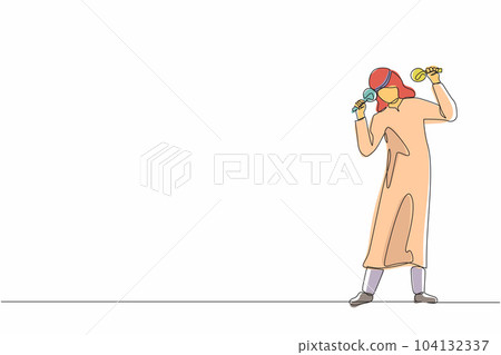 Single one line drawing man street band player mariachi plays maracas. Arabian male with maracas musical instruments, mariachi player at national festival. Continuous line draw design graphic vector 104132337