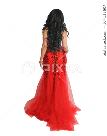 Woman Wearing Red Formal Ball Gown Back View Isolated on White Background Woman Wearing Red Formal Ball Gown Back View Isolated on White Background 104132604