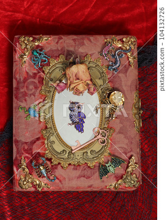 Antique Victorian Era Book With Colorful Gemstones added. Fairy Tale Scary Book With Scorpion and Bat Antique Victorian Era Book With Colorful Gemstones added. Fairy Tale Scary Book With Scorpion and Bat 104132726