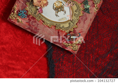 Antique Victorian Era Book With Colorful Gemstones added. Fairy Tale Scary Book With Scorpion and Bat Antique Victorian Era Book With Colorful Gemstones added. Fairy Tale Scary Book With Scorpion and Bat 104132727