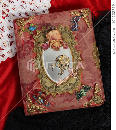 Antique Victorian Era Book With Colorful Gemstones added. Fairy Tale Scary Book With Scorpion and Bat Antique Victorian Era Book With Colorful Gemstones added. Fairy Tale Scary Book With Scorpion and Bat 104132729